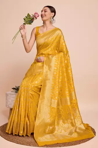 Yellow woven embellished pure silk banarasi saree with blouse