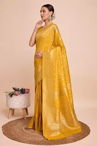 Yellow woven embellished pure silk banarasi saree with blouse
