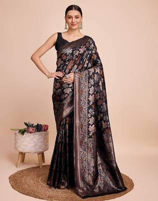 Black woven embellished silk blend banarasi saree with blouse 1