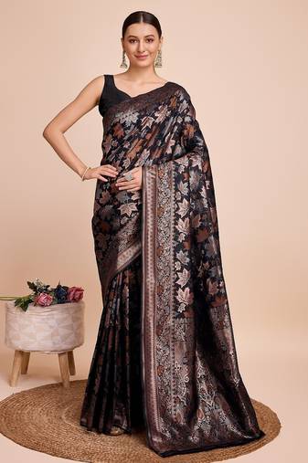 Black woven embellished pure silk banarasi saree with blouse