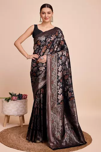 Black woven embellished pure silk banarasi saree with blouse