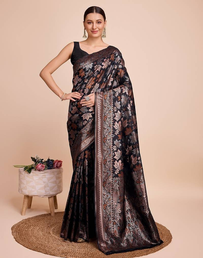 Black woven embellished pure silk banarasi saree with blouse
