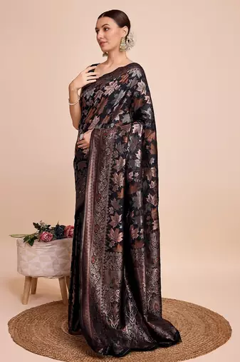 Black woven embellished pure silk banarasi saree with blouse