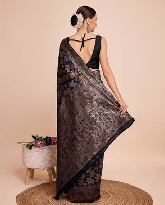 Black woven embellished silk blend banarasi saree with blouse 4