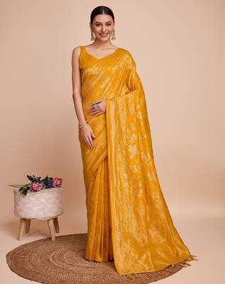 Gold woven embellished silk blend banarasi saree with blouse 1