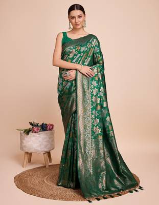 Green woven embellished silk blend banarasi saree with blouse 1