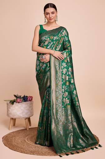 Green woven embellished pure silk banarasi saree with blouse