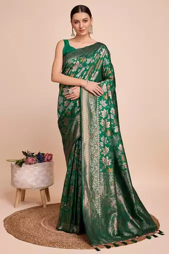 Green woven embellished pure silk banarasi saree with blouse