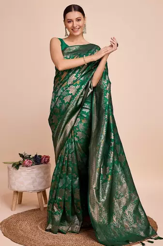 Green woven embellished pure silk banarasi saree with blouse