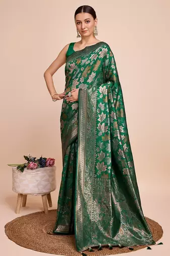 Green woven embellished pure silk banarasi saree with blouse
