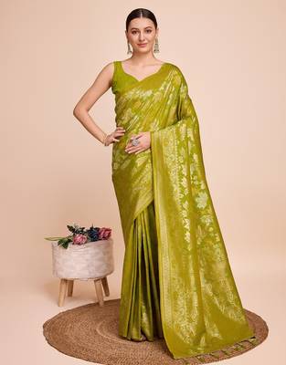Mehendi woven embellished silk blend banarasi saree with blouse 1