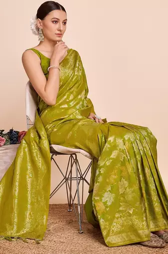 Mehendi woven embellished pure silk banarasi saree with blouse