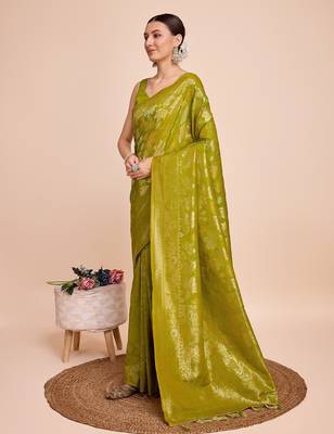 Mehendi woven embellished silk blend banarasi saree with blouse 3