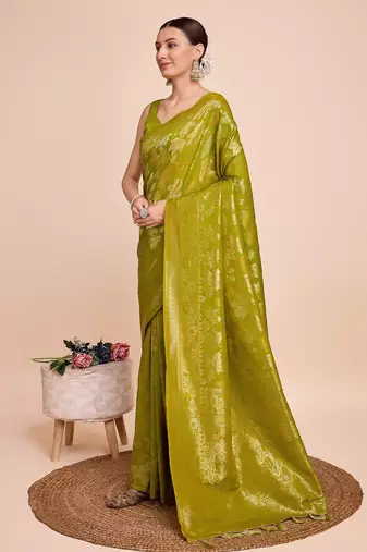 Mehendi woven embellished pure silk banarasi saree with blouse