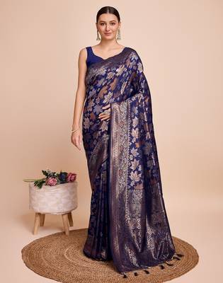 Navy blue woven embellished silk blend banarasi saree with blouse 1