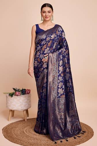 Navy blue woven embellished pure silk banarasi saree with blouse