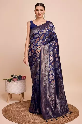 Navy blue woven embellished pure silk banarasi saree with blouse