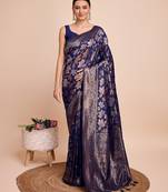 Navy blue woven embellished pure silk banarasi saree with blouse