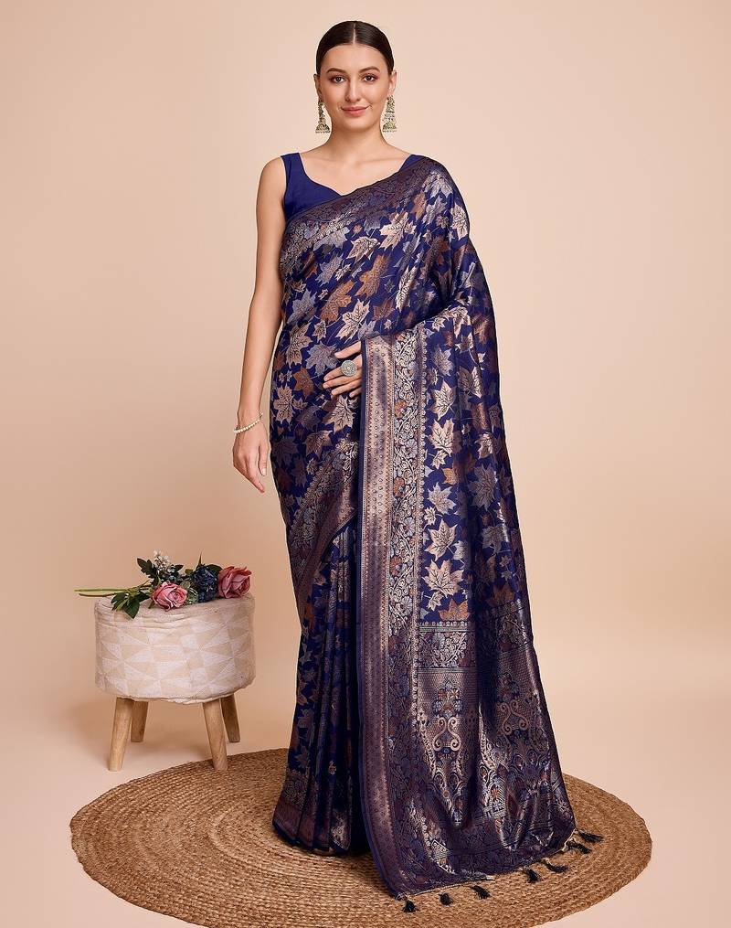 Navy blue woven embellished pure silk banarasi saree with blouse