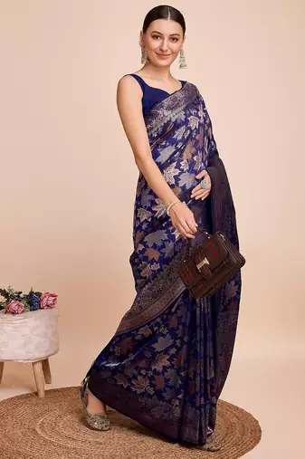 Navy blue woven embellished pure silk banarasi saree with blouse