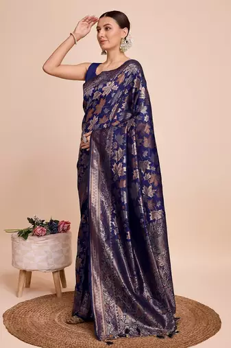 Navy blue woven embellished pure silk banarasi saree with blouse