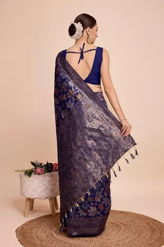 Navy blue woven embellished pure silk banarasi saree with blouse
