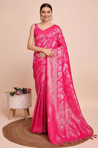 Pink woven embellished pure silk banarasi saree with blouse