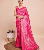 Pink woven embellished pure silk banarasi saree with blouse