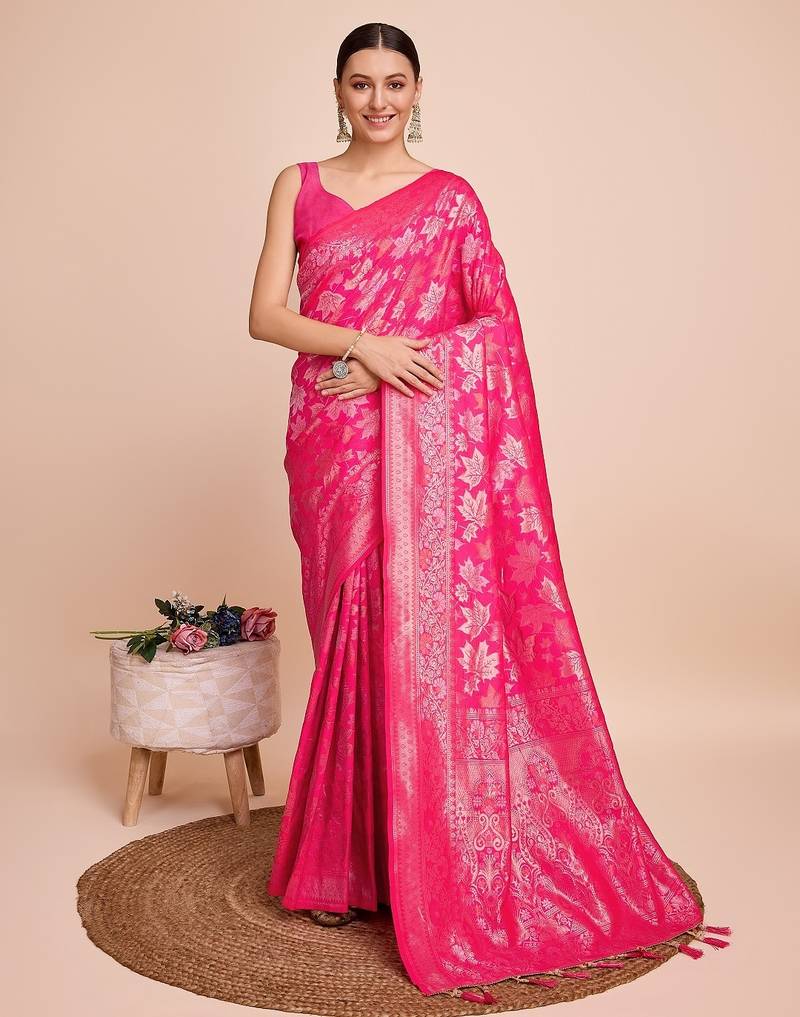 Pink woven embellished pure silk banarasi saree with blouse