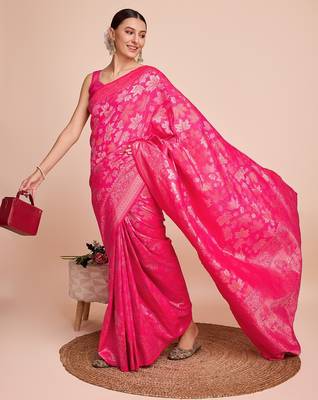 Pink woven embellished silk blend banarasi saree with blouse 2