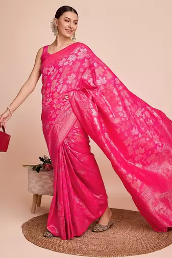 Pink woven embellished pure silk banarasi saree with blouse