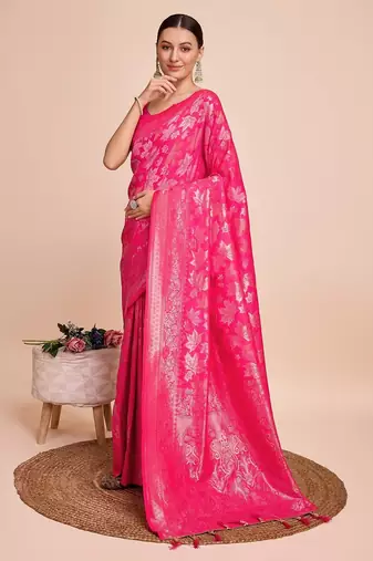 Pink woven embellished pure silk banarasi saree with blouse