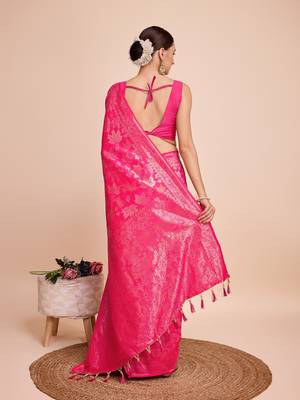 Pink woven embellished silk blend banarasi saree with blouse 4