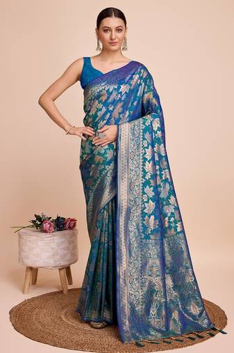 Teal blue woven embellished pure silk banarasi saree with blouse