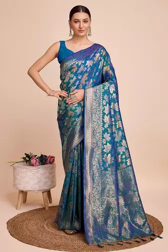 Teal blue woven embellished pure silk banarasi saree with blouse