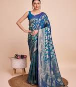 Teal blue woven embellished pure silk banarasi saree with blouse