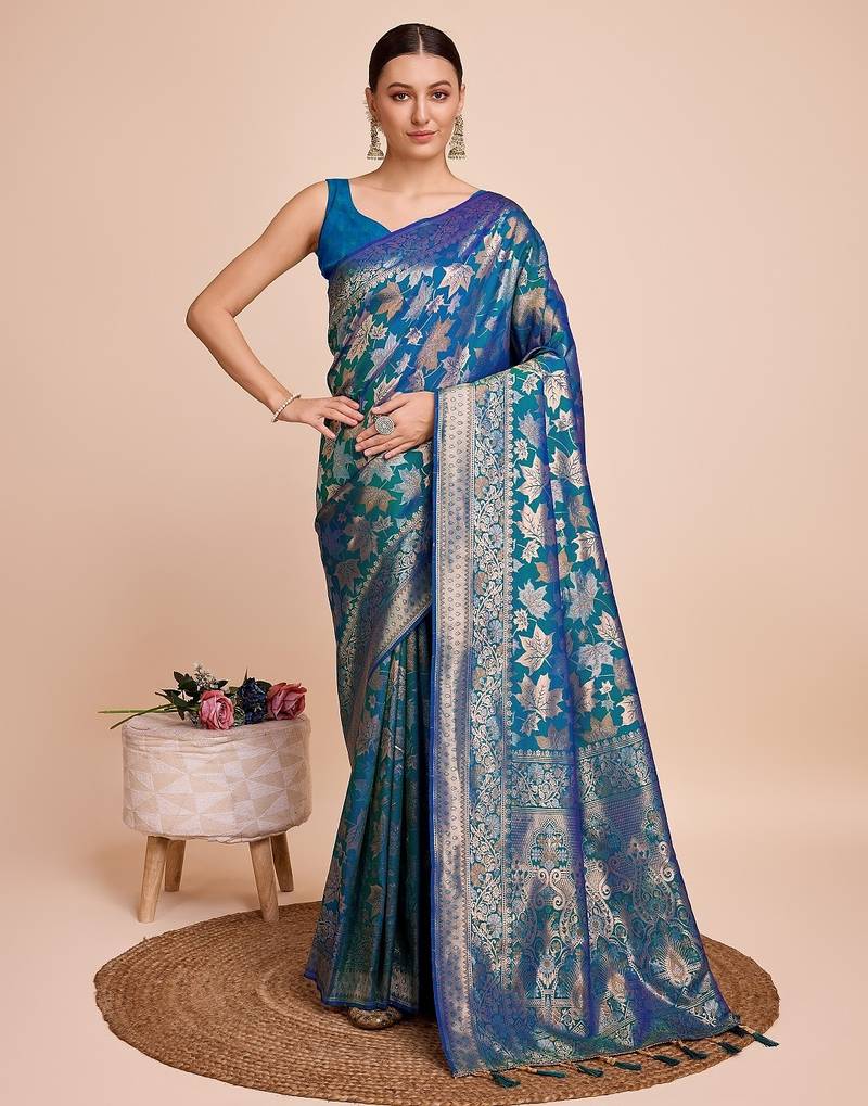Teal blue woven embellished pure silk banarasi saree with blouse
