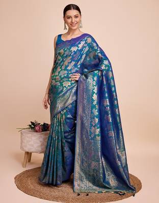 Teal blue woven embellished silk blend banarasi saree with blouse 2