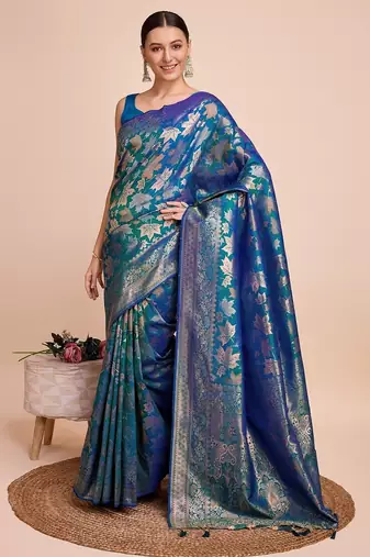 Teal blue woven embellished pure silk banarasi saree with blouse