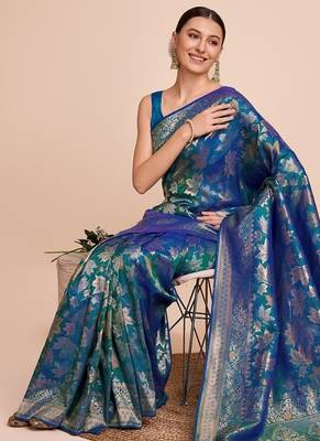 Teal blue woven embellished silk blend banarasi saree with blouse 3