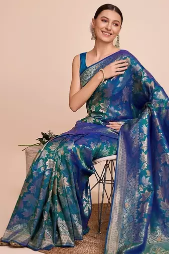 Teal blue woven embellished pure silk banarasi saree with blouse
