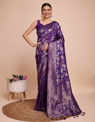 Violet woven embellished silk blend banarasi saree with blouse 1