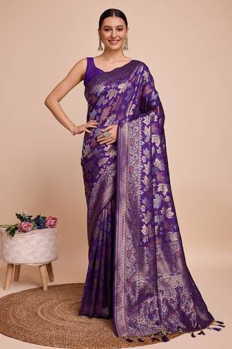 Violet woven embellished pure silk banarasi saree with blouse