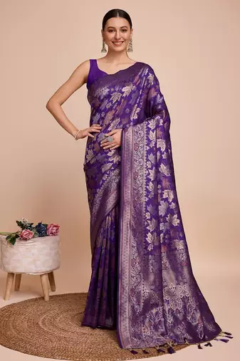 Violet woven embellished pure silk banarasi saree with blouse
