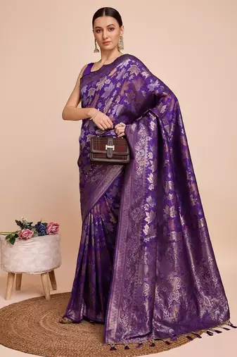 Violet woven embellished pure silk banarasi saree with blouse