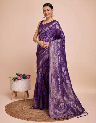 Violet woven embellished silk blend banarasi saree with blouse 3
