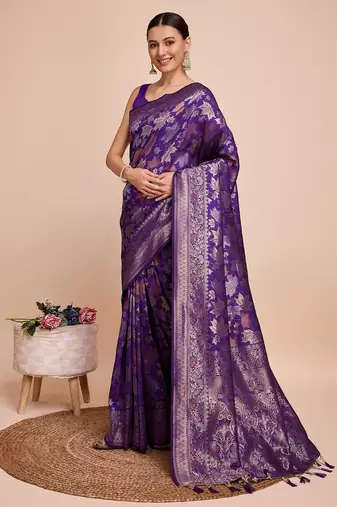 Violet woven embellished pure silk banarasi saree with blouse