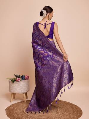 Violet woven embellished silk blend banarasi saree with blouse 4