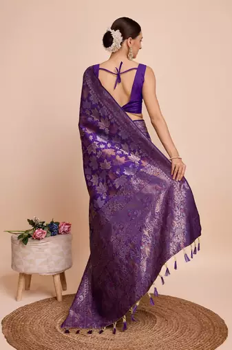 Violet woven embellished pure silk banarasi saree with blouse