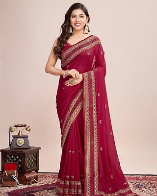 Dark pink embroidered silk blend bollywood saree with blouse 1